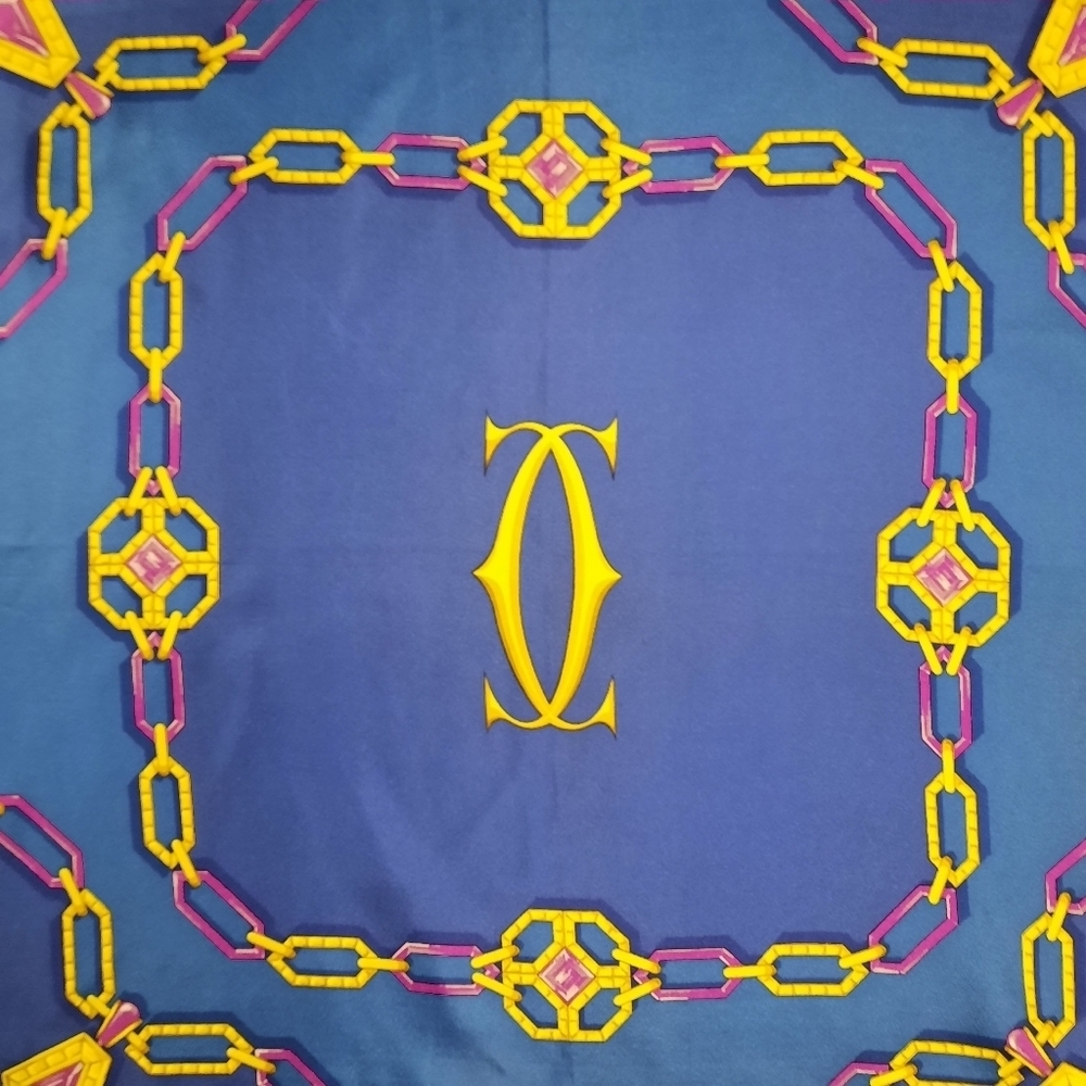 Pristine CARTIER Silk Twill Scarf 90cm Blue Square 35" + Horsebit Scarf Ring - Picture 6 of 13